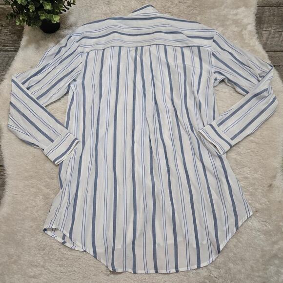 Elizabeth and James Blue and White Striped Tie Neck Button Up Blouse, Medium - Picture 8 of 8